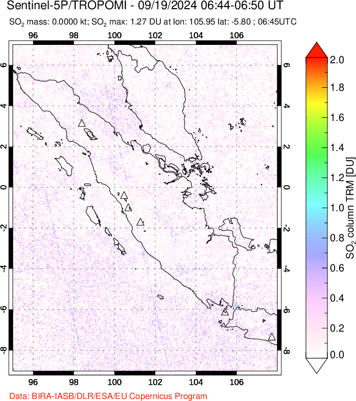 A sulfur dioxide image over Sumatra, Indonesia on Sep 19, 2024.