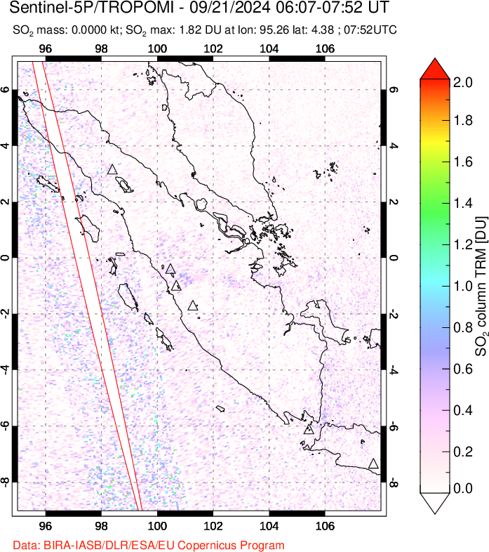 A sulfur dioxide image over Sumatra, Indonesia on Sep 21, 2024.