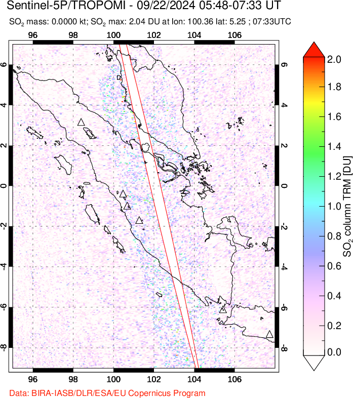 A sulfur dioxide image over Sumatra, Indonesia on Sep 22, 2024.