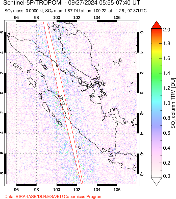 A sulfur dioxide image over Sumatra, Indonesia on Sep 27, 2024.