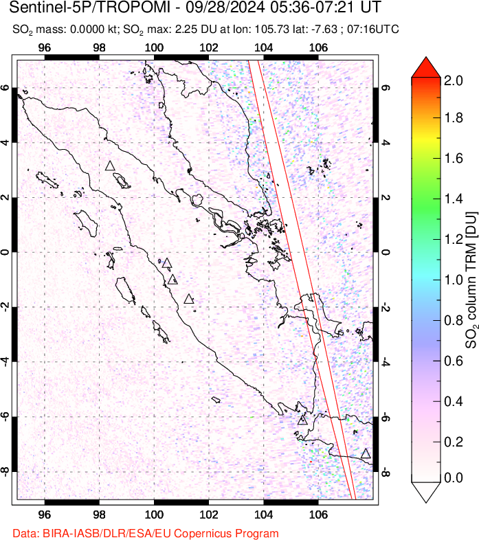 A sulfur dioxide image over Sumatra, Indonesia on Sep 28, 2024.