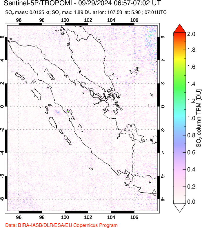 A sulfur dioxide image over Sumatra, Indonesia on Sep 29, 2024.