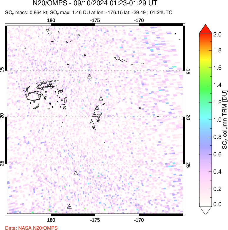 A sulfur dioxide image over Tonga, South Pacific on Sep 10, 2024.