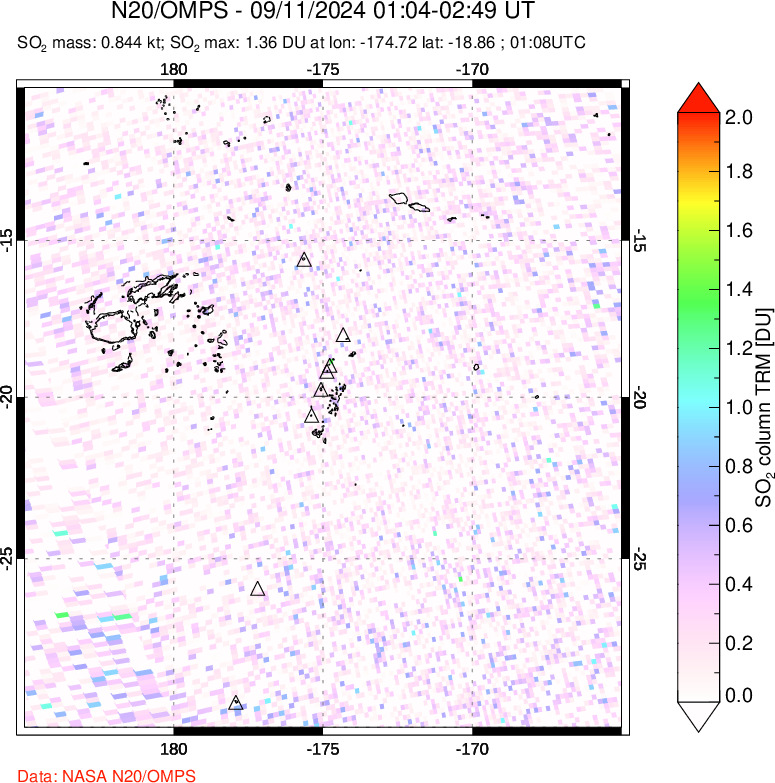 A sulfur dioxide image over Tonga, South Pacific on Sep 11, 2024.