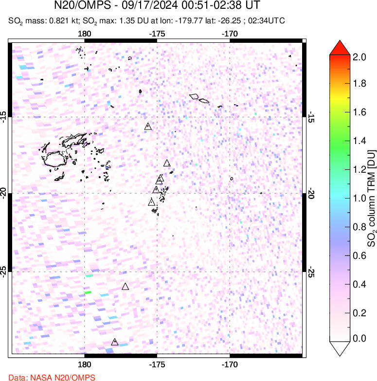 A sulfur dioxide image over Tonga, South Pacific on Sep 17, 2024.