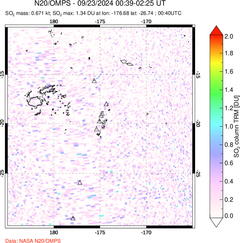 A sulfur dioxide image over Tonga, South Pacific on Sep 23, 2024.