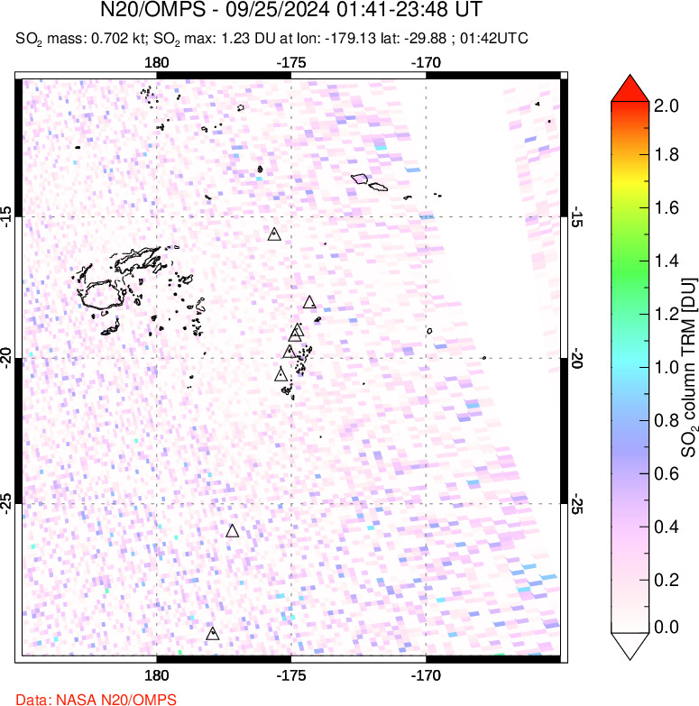 A sulfur dioxide image over Tonga, South Pacific on Sep 25, 2024.