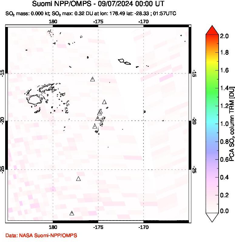 A sulfur dioxide image over Tonga, South Pacific on Sep 07, 2024.