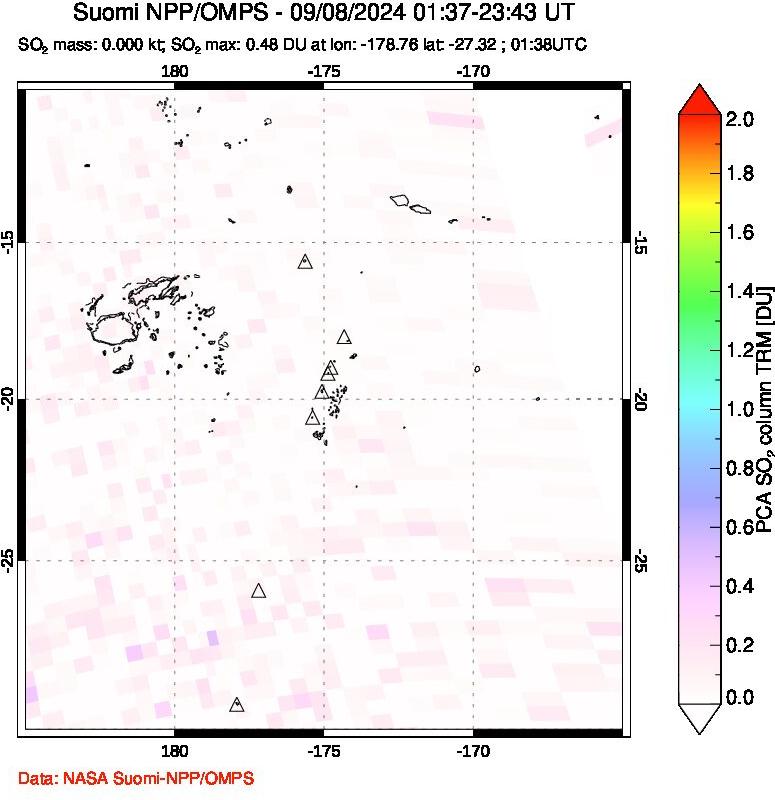 A sulfur dioxide image over Tonga, South Pacific on Sep 08, 2024.