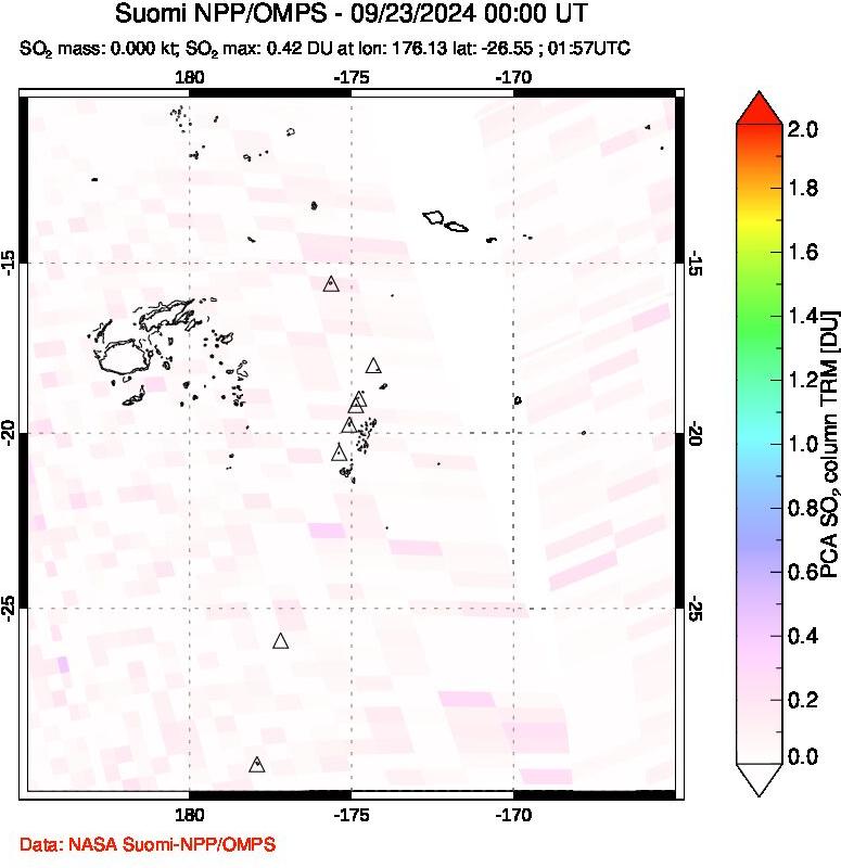 A sulfur dioxide image over Tonga, South Pacific on Sep 23, 2024.