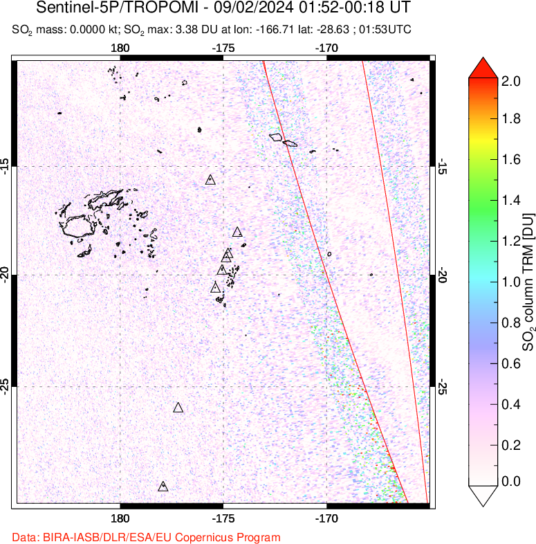 A sulfur dioxide image over Tonga, South Pacific on Sep 02, 2024.