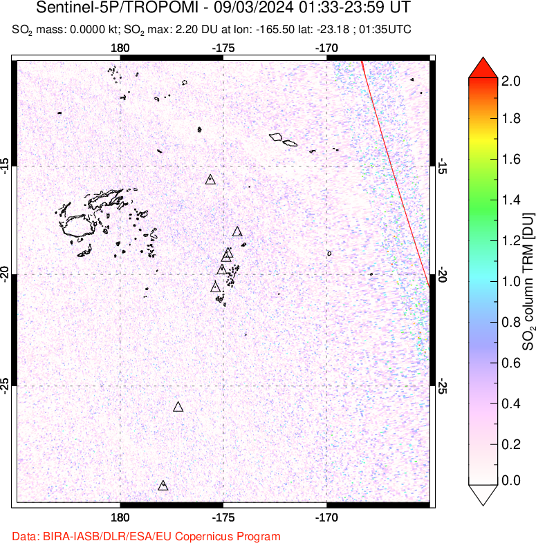 A sulfur dioxide image over Tonga, South Pacific on Sep 03, 2024.