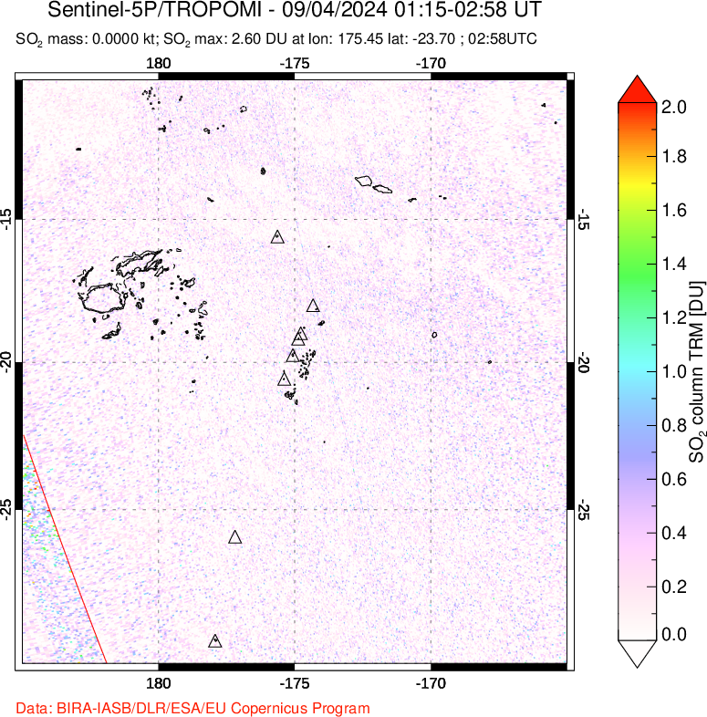 A sulfur dioxide image over Tonga, South Pacific on Sep 04, 2024.