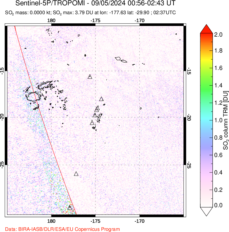 A sulfur dioxide image over Tonga, South Pacific on Sep 05, 2024.