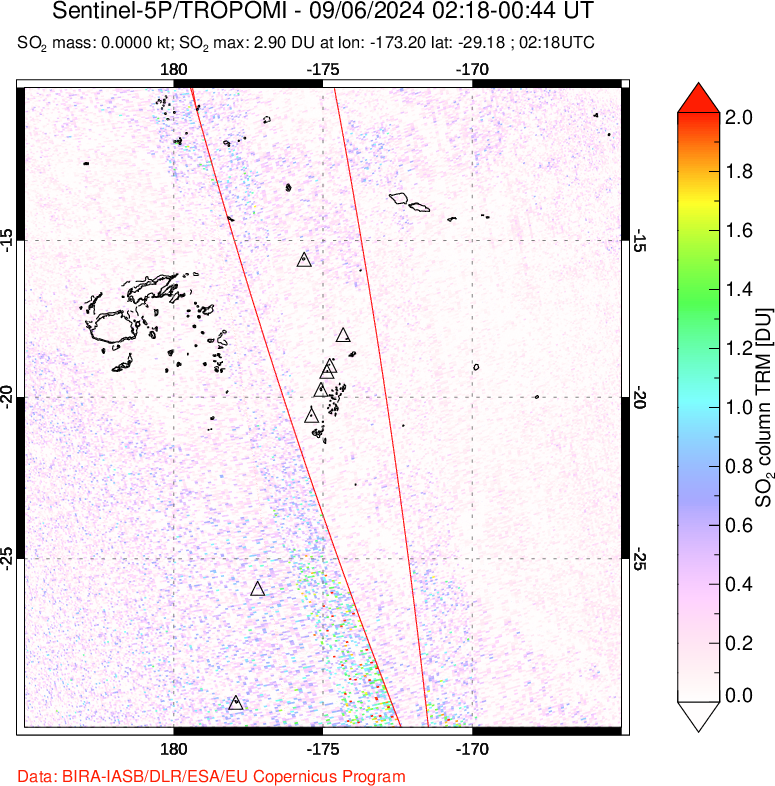 A sulfur dioxide image over Tonga, South Pacific on Sep 06, 2024.