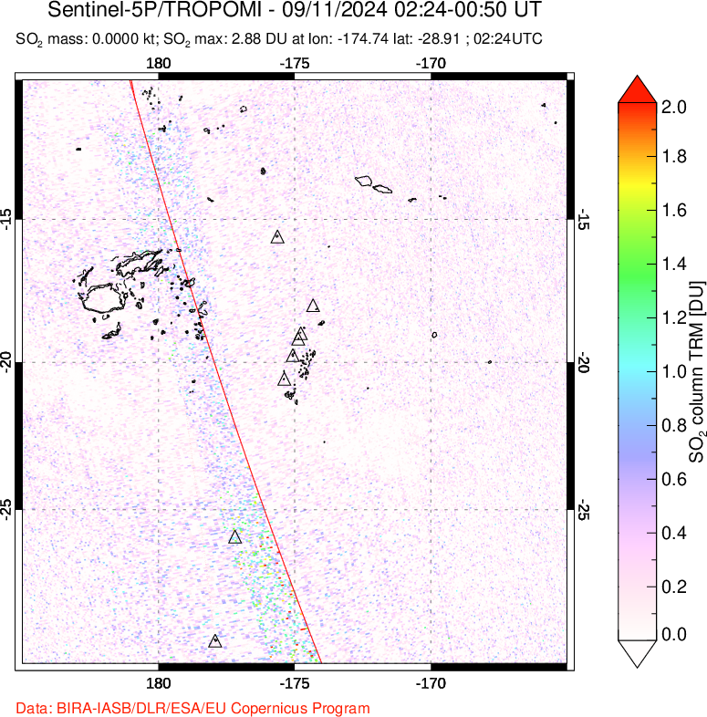 A sulfur dioxide image over Tonga, South Pacific on Sep 11, 2024.