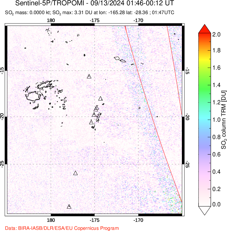 A sulfur dioxide image over Tonga, South Pacific on Sep 13, 2024.