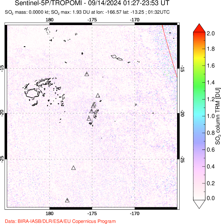 A sulfur dioxide image over Tonga, South Pacific on Sep 14, 2024.