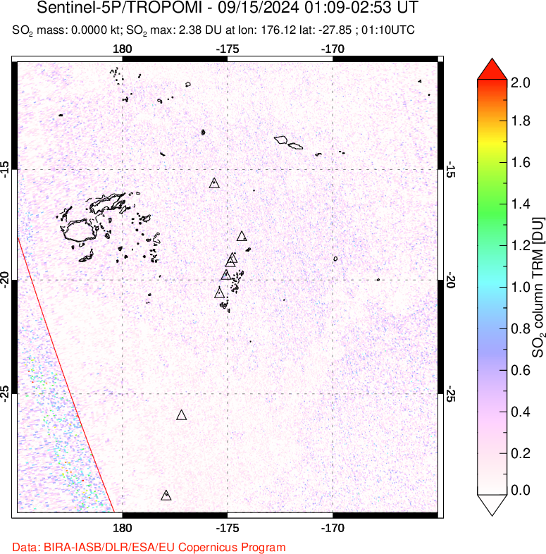 A sulfur dioxide image over Tonga, South Pacific on Sep 15, 2024.