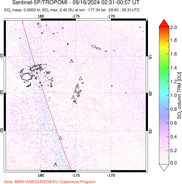 A sulfur dioxide image over Tonga, South Pacific on Sep 16, 2024.