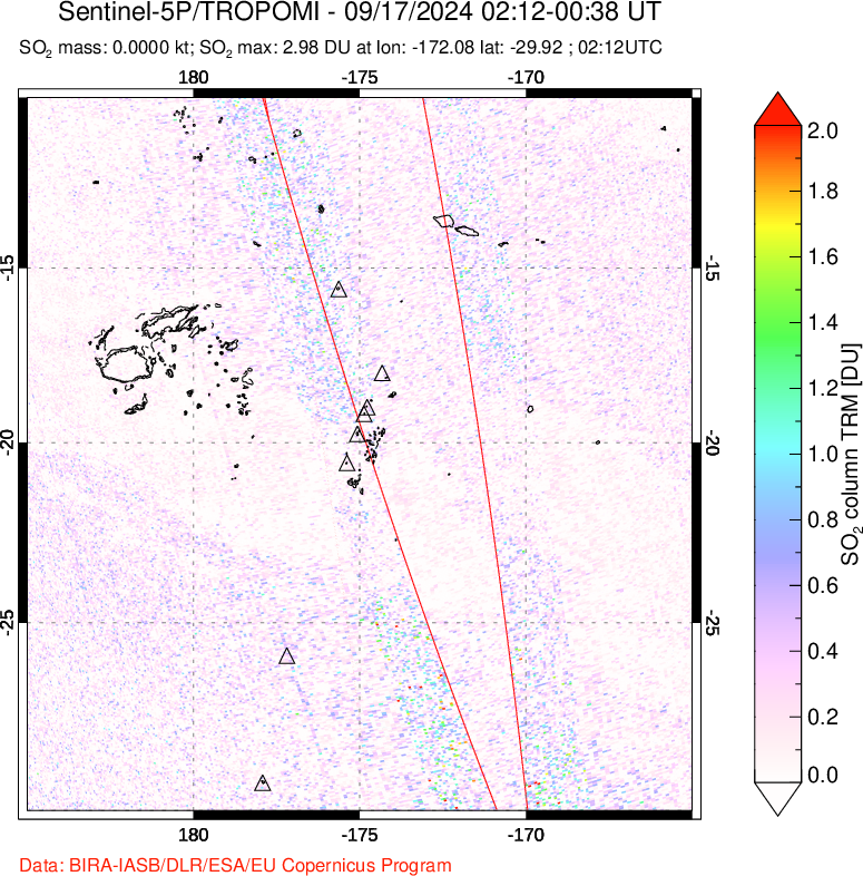 A sulfur dioxide image over Tonga, South Pacific on Sep 17, 2024.