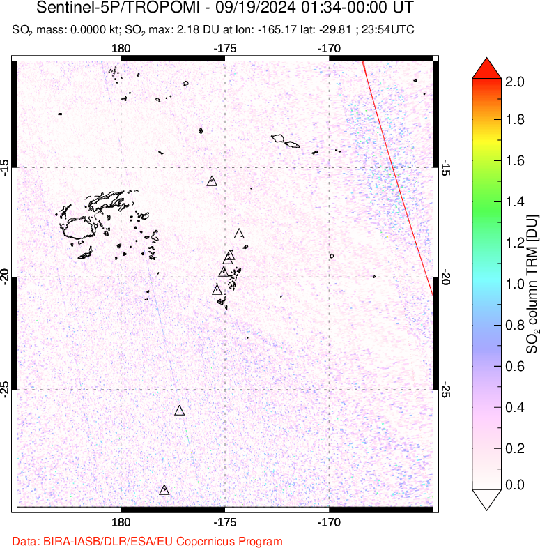 A sulfur dioxide image over Tonga, South Pacific on Sep 19, 2024.