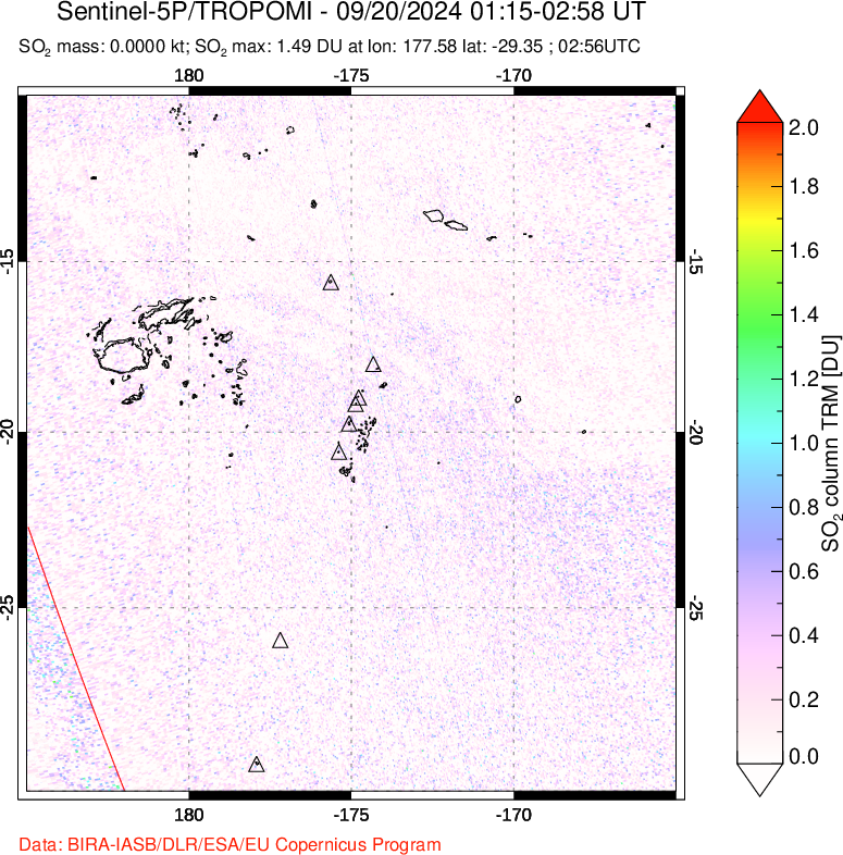 A sulfur dioxide image over Tonga, South Pacific on Sep 20, 2024.