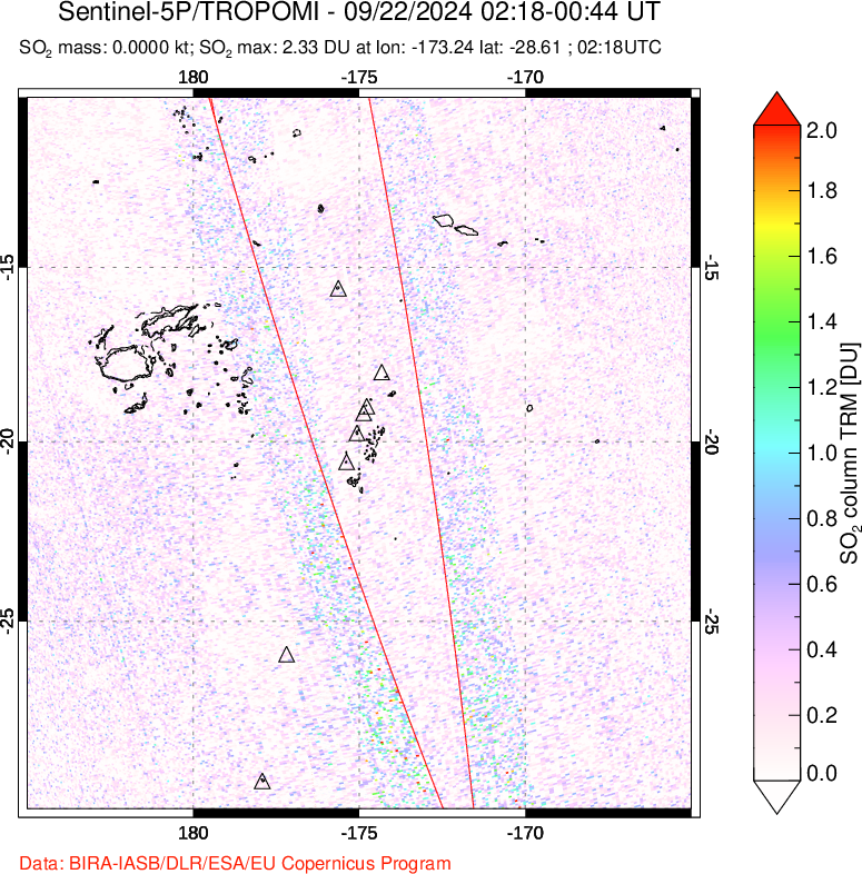 A sulfur dioxide image over Tonga, South Pacific on Sep 22, 2024.