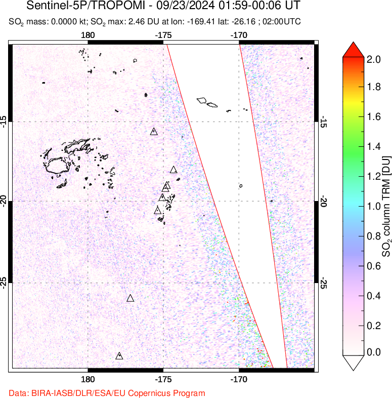 A sulfur dioxide image over Tonga, South Pacific on Sep 23, 2024.