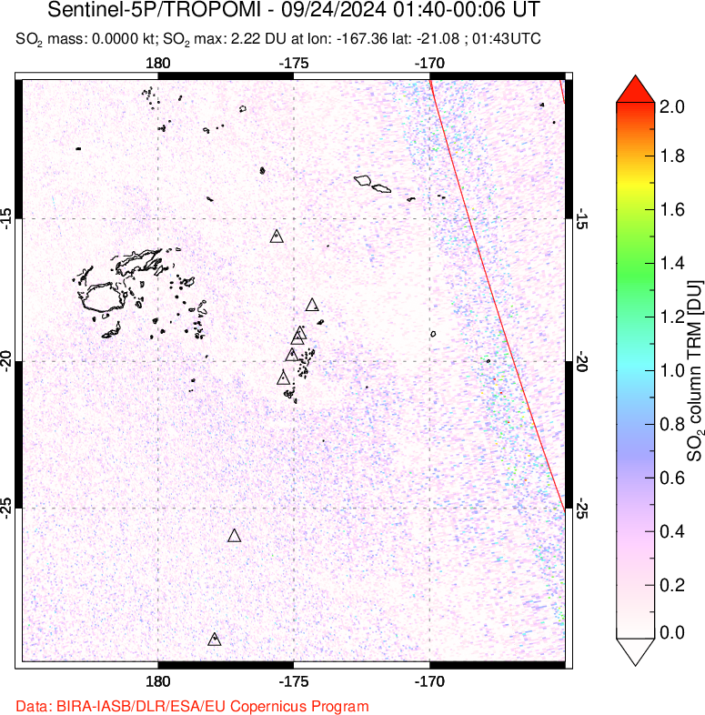 A sulfur dioxide image over Tonga, South Pacific on Sep 24, 2024.