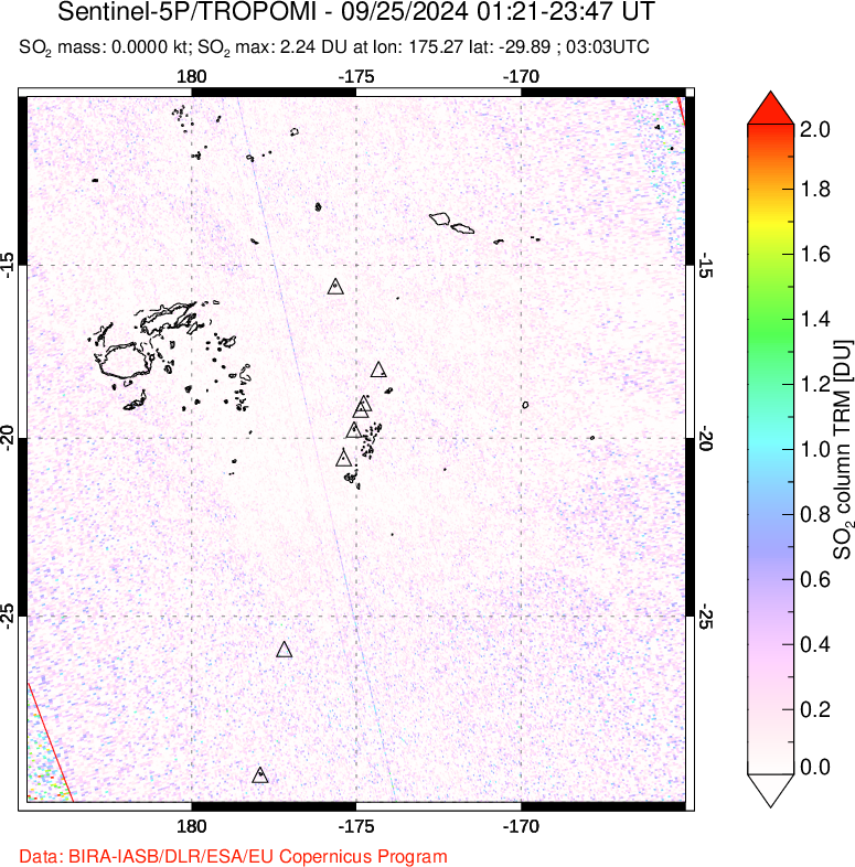 A sulfur dioxide image over Tonga, South Pacific on Sep 25, 2024.