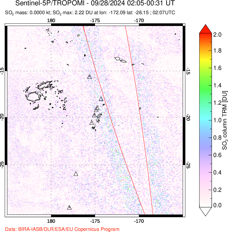 A sulfur dioxide image over Tonga, South Pacific on Sep 28, 2024.