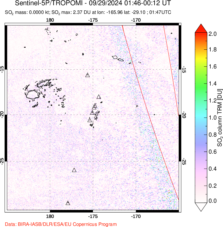 A sulfur dioxide image over Tonga, South Pacific on Sep 29, 2024.