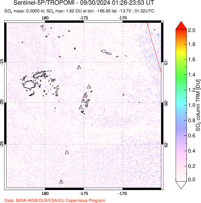 A sulfur dioxide image over Tonga, South Pacific on Sep 30, 2024.