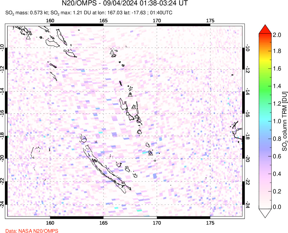 A sulfur dioxide image over Vanuatu, South Pacific on Sep 04, 2024.