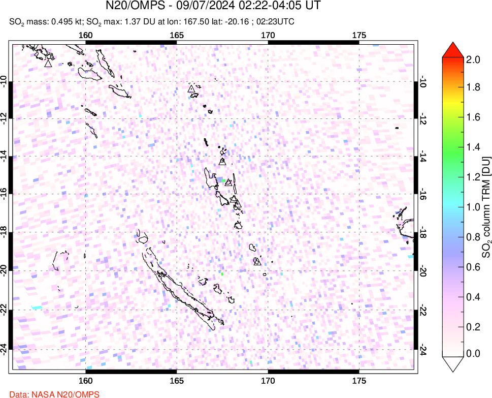 A sulfur dioxide image over Vanuatu, South Pacific on Sep 07, 2024.