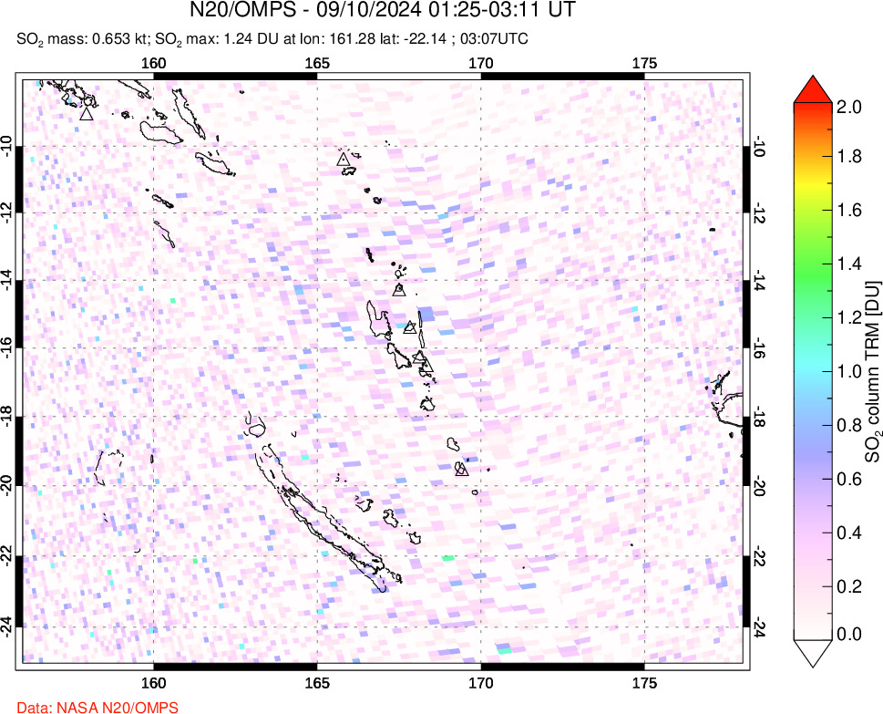 A sulfur dioxide image over Vanuatu, South Pacific on Sep 10, 2024.