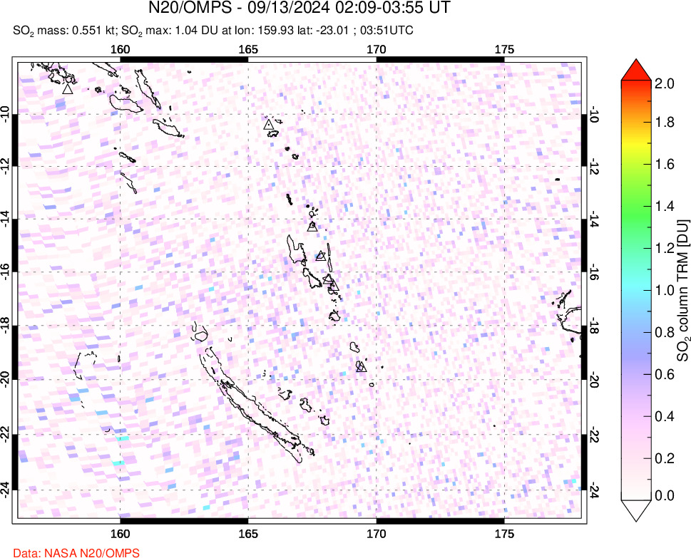 A sulfur dioxide image over Vanuatu, South Pacific on Sep 13, 2024.