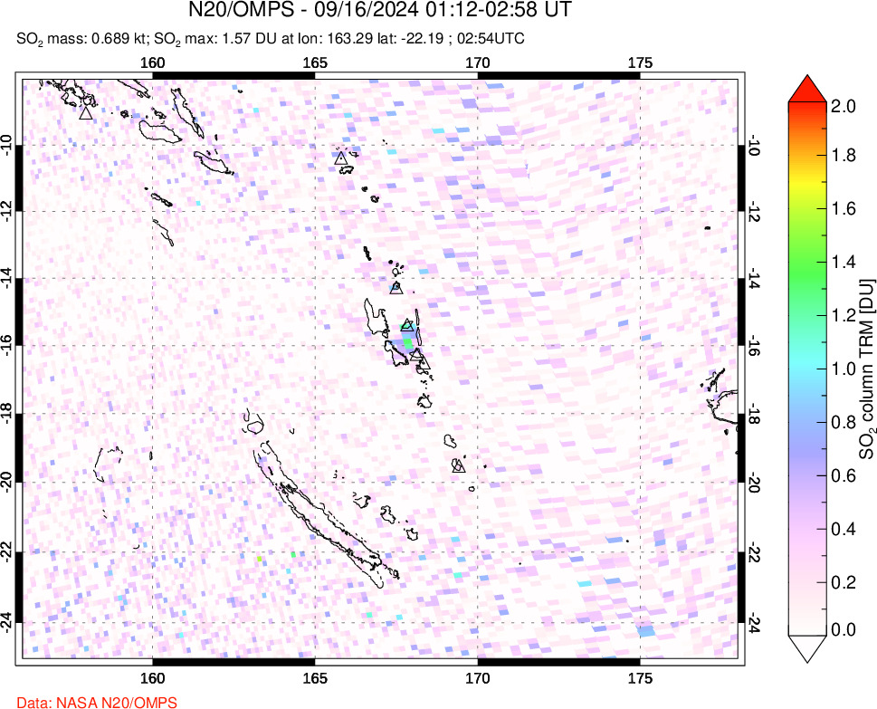 A sulfur dioxide image over Vanuatu, South Pacific on Sep 16, 2024.