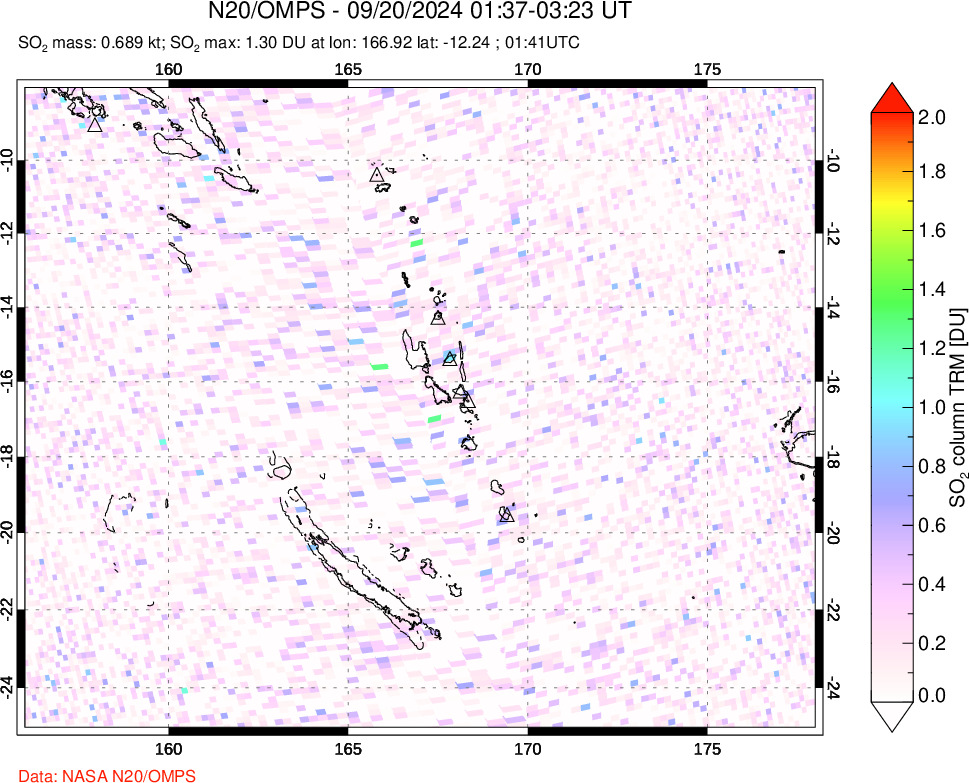 A sulfur dioxide image over Vanuatu, South Pacific on Sep 20, 2024.