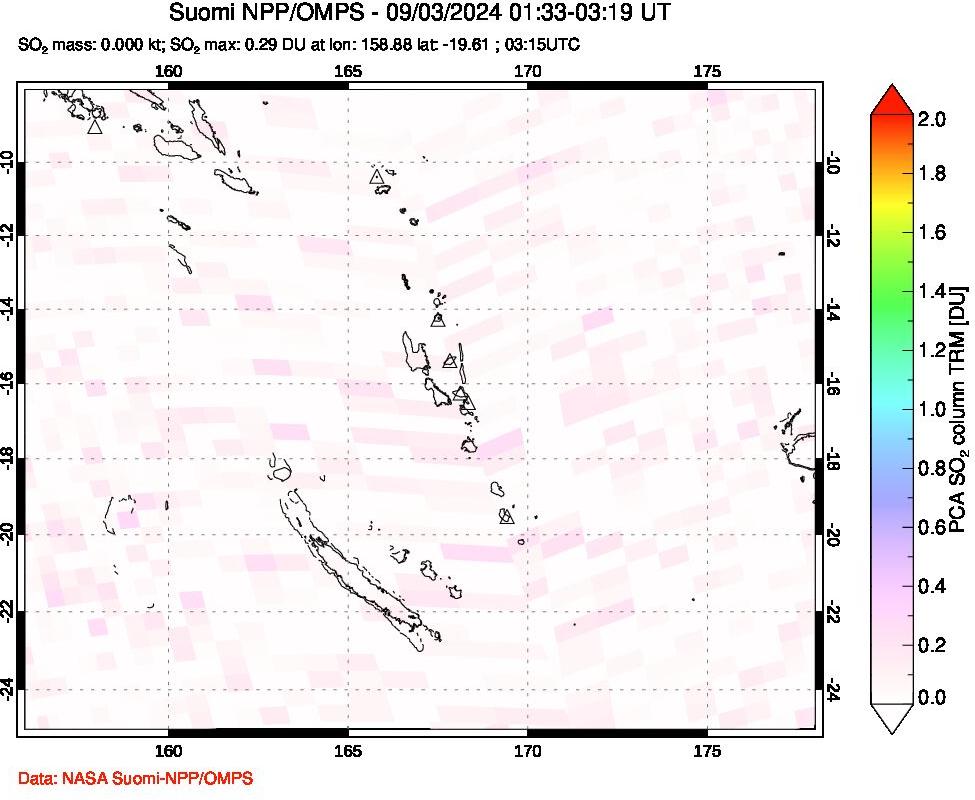 A sulfur dioxide image over Vanuatu, South Pacific on Sep 03, 2024.