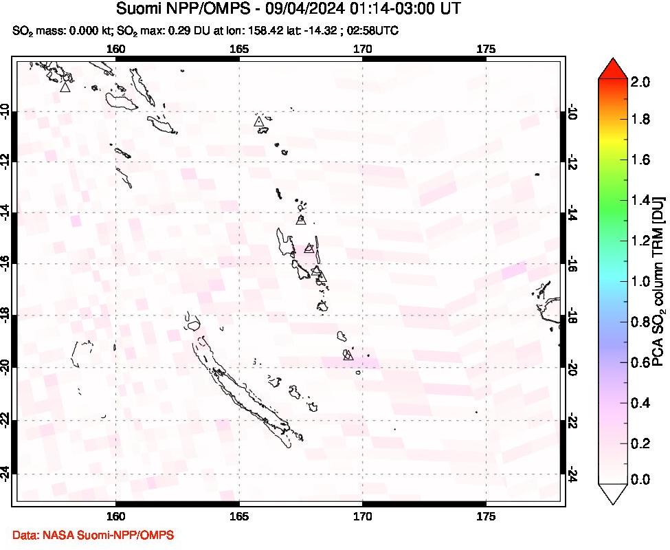 A sulfur dioxide image over Vanuatu, South Pacific on Sep 04, 2024.