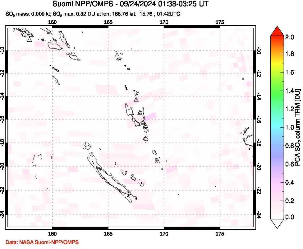 A sulfur dioxide image over Vanuatu, South Pacific on Sep 24, 2024.