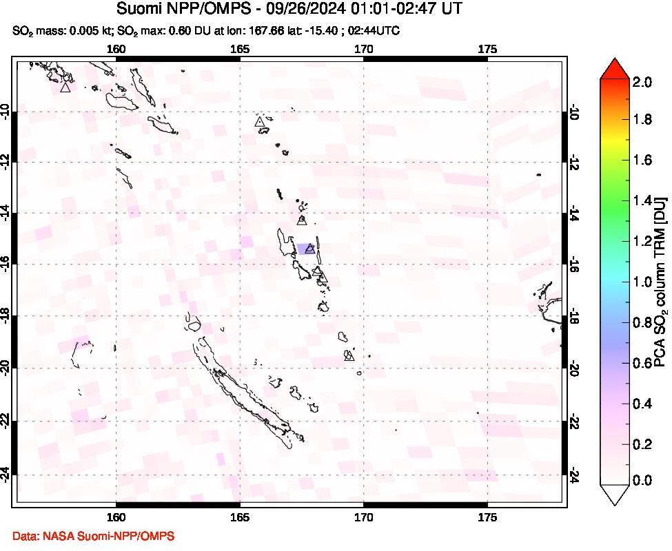 A sulfur dioxide image over Vanuatu, South Pacific on Sep 26, 2024.