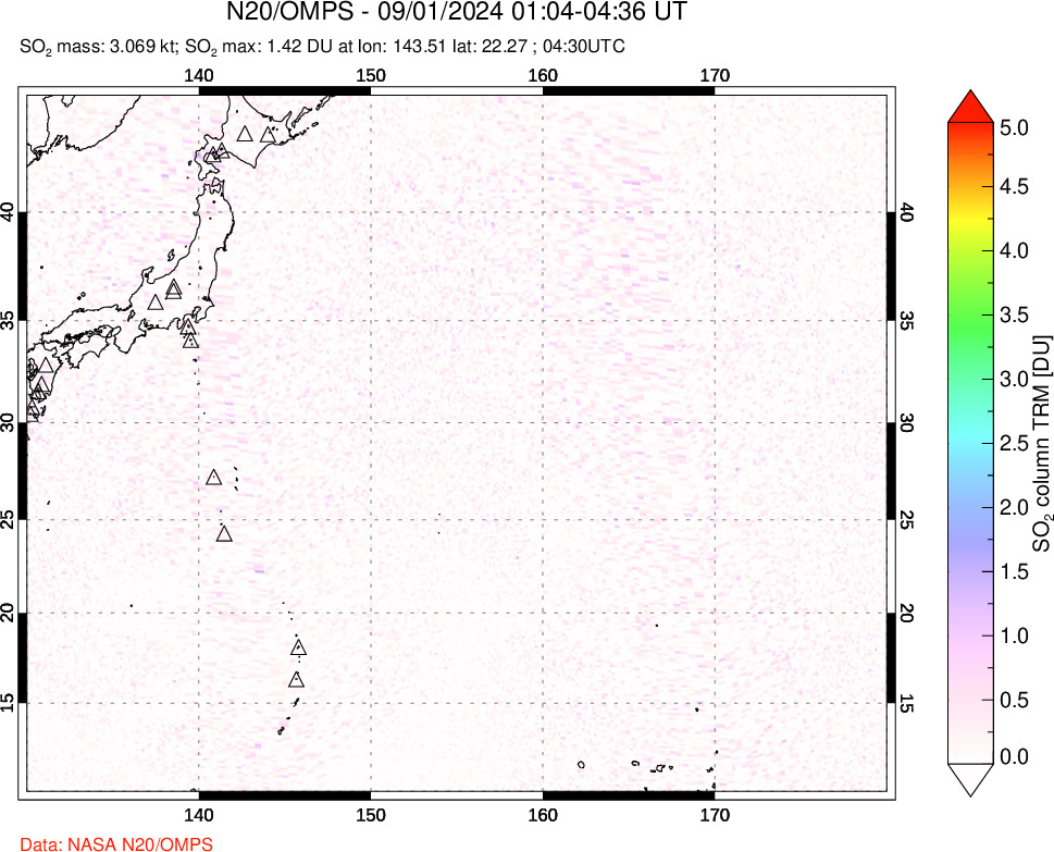 A sulfur dioxide image over Western Pacific on Sep 01, 2024.