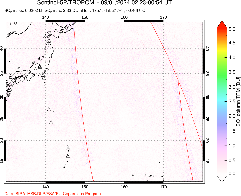 A sulfur dioxide image over Western Pacific on Sep 01, 2024.