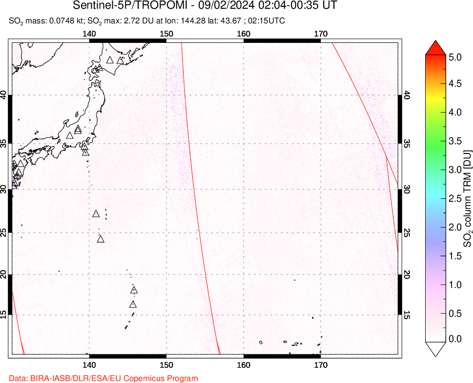 A sulfur dioxide image over Western Pacific on Sep 02, 2024.