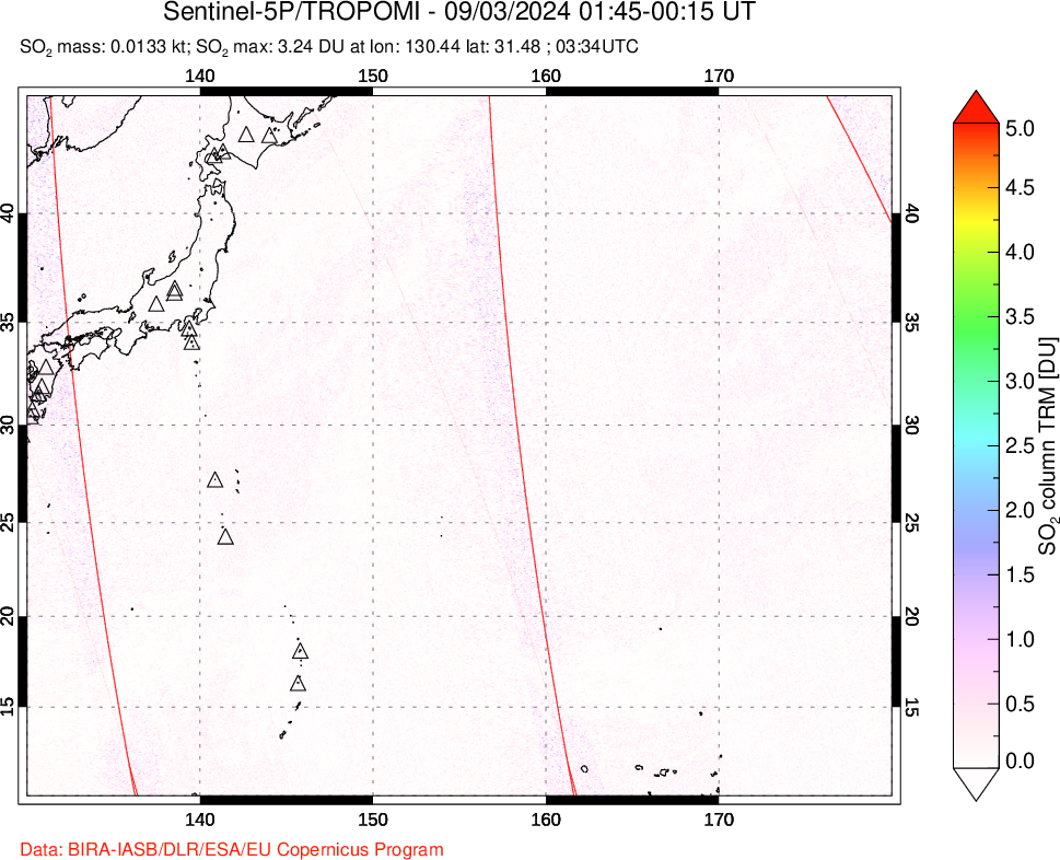 A sulfur dioxide image over Western Pacific on Sep 03, 2024.