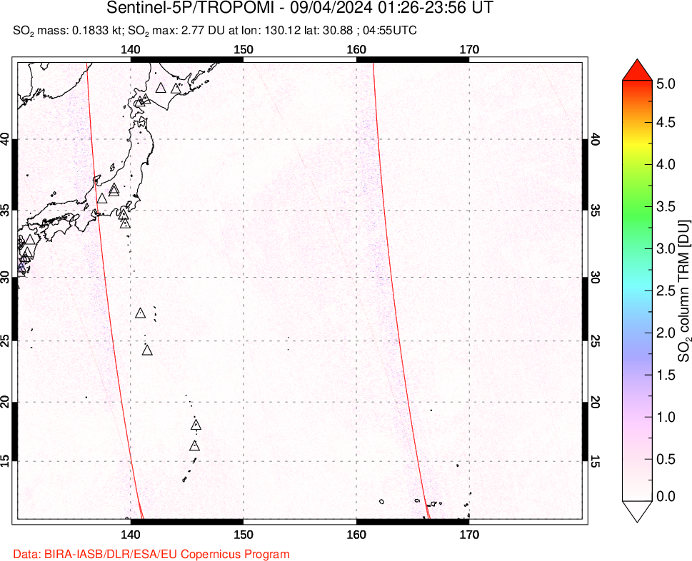 A sulfur dioxide image over Western Pacific on Sep 04, 2024.