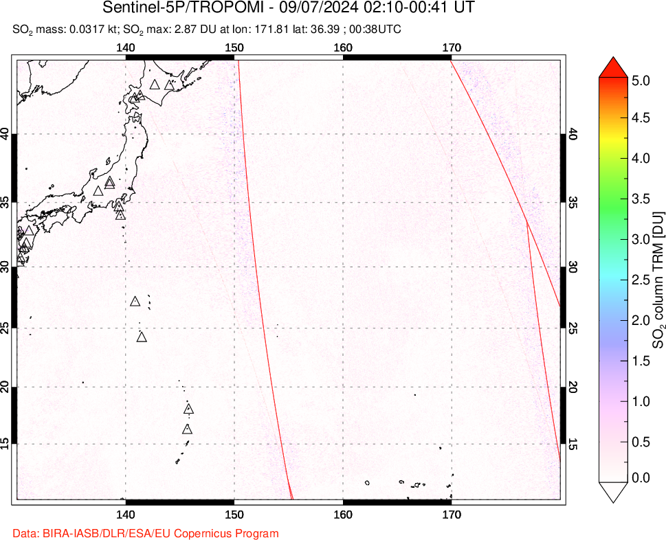 A sulfur dioxide image over Western Pacific on Sep 07, 2024.